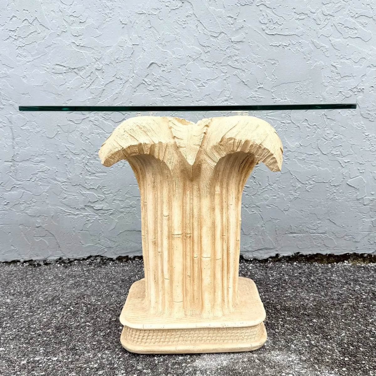Boho Chic Faux Bamboo Banana Leaf Glass Top Side Table Dolphin & Flamingo