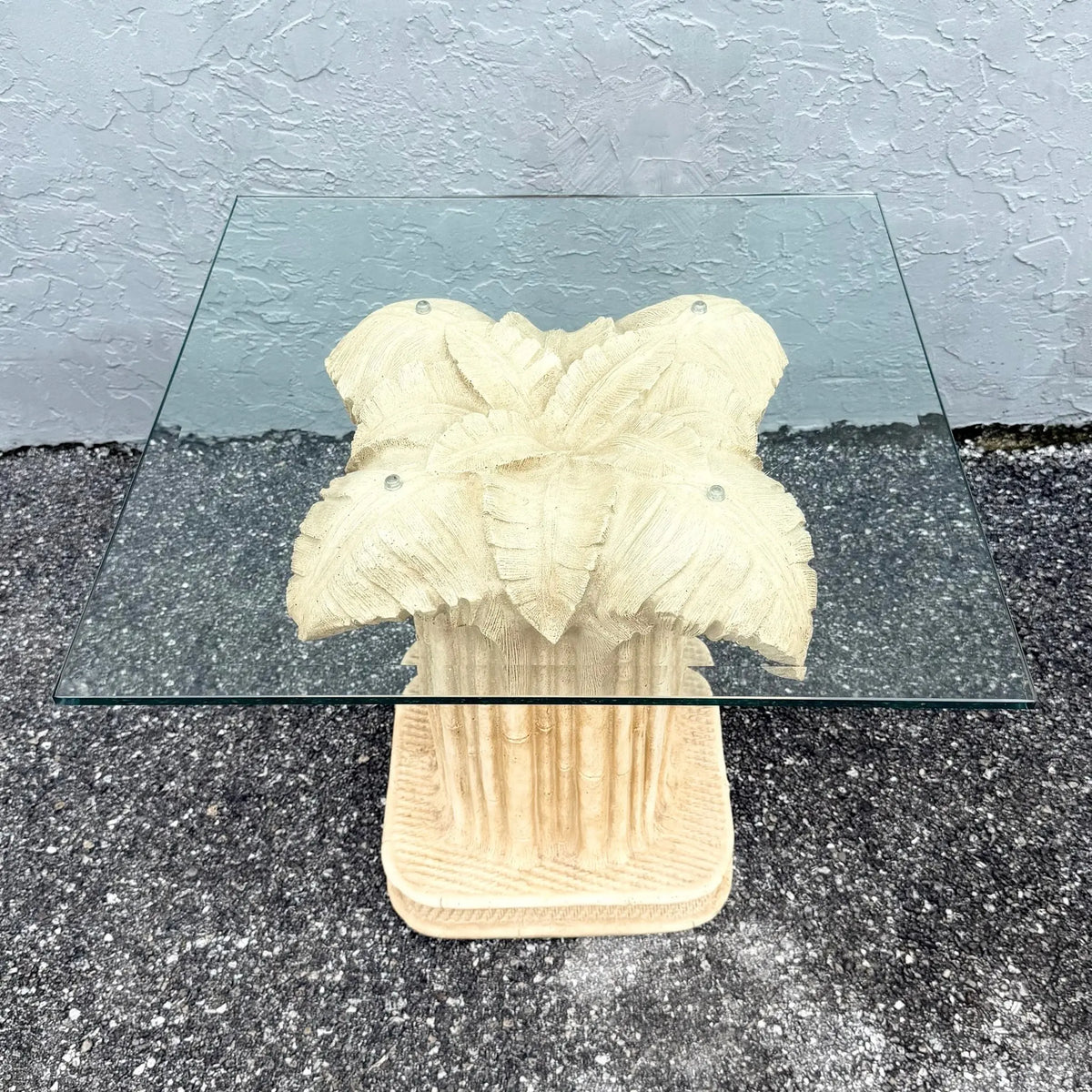 Boho Chic Faux Bamboo Banana Leaf Glass Top Side Table Dolphin & Flamingo