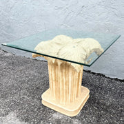 Boho Chic Faux Bamboo Banana Leaf Glass Top Side Table Dolphin & Flamingo