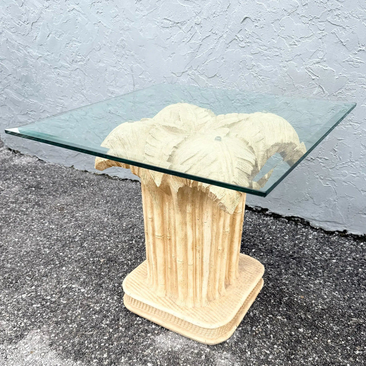 Boho Chic Faux Bamboo Banana Leaf Glass Top Side Table Dolphin & Flamingo