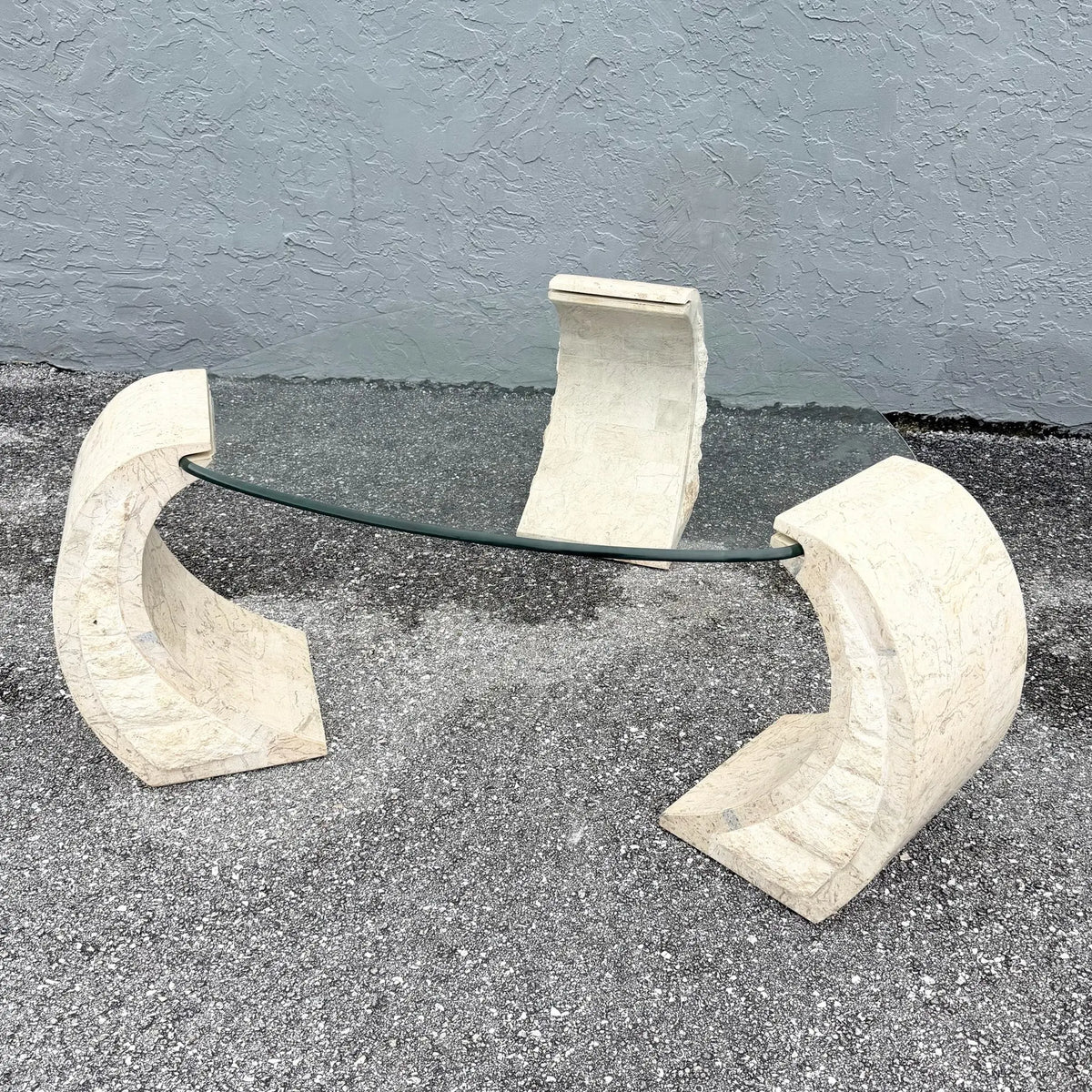 Postmodern Tessellated Stone Floating Glass Top Coffee Table Dolphin & Flamingo