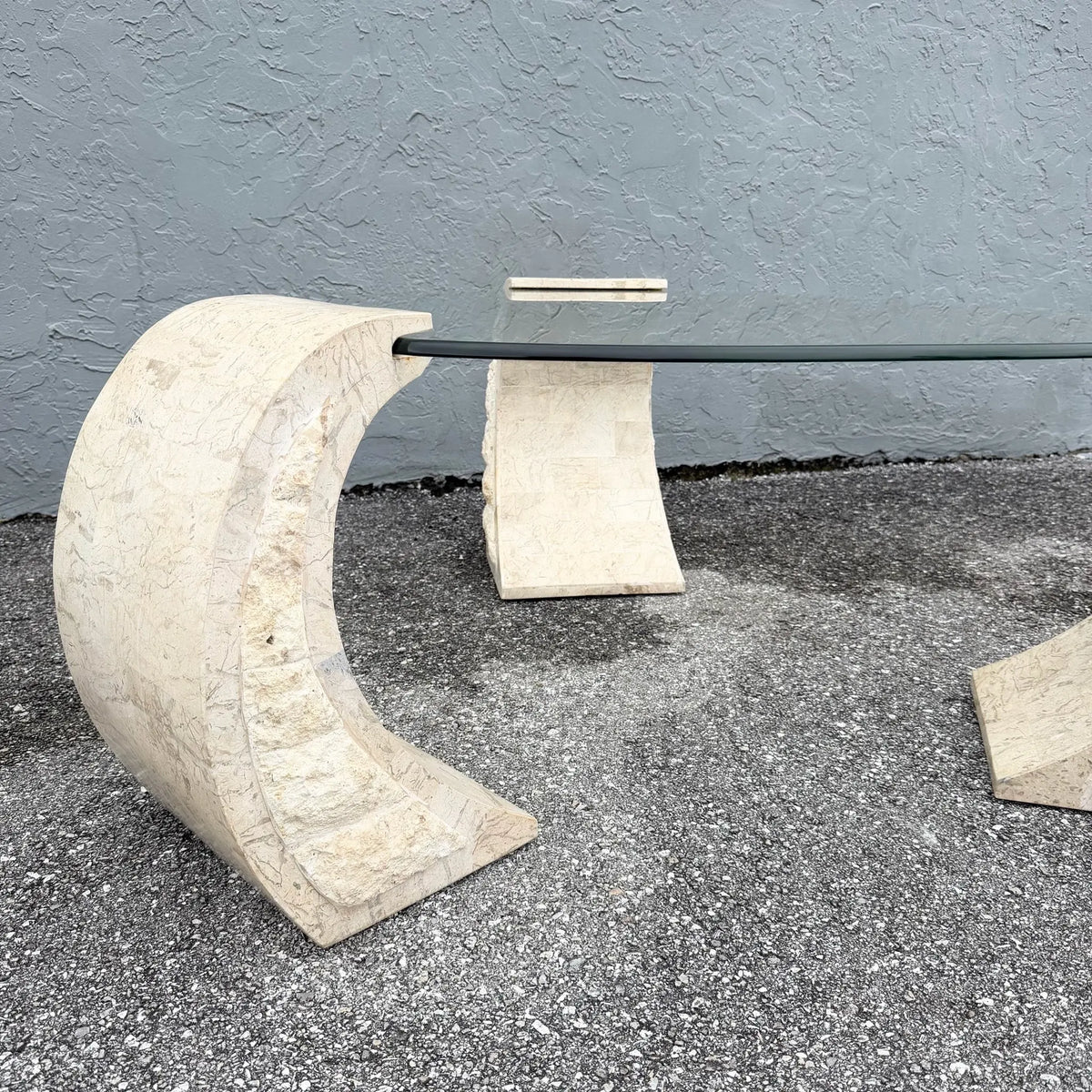 Postmodern Tessellated Stone Floating Glass Top Coffee Table Dolphin & Flamingo