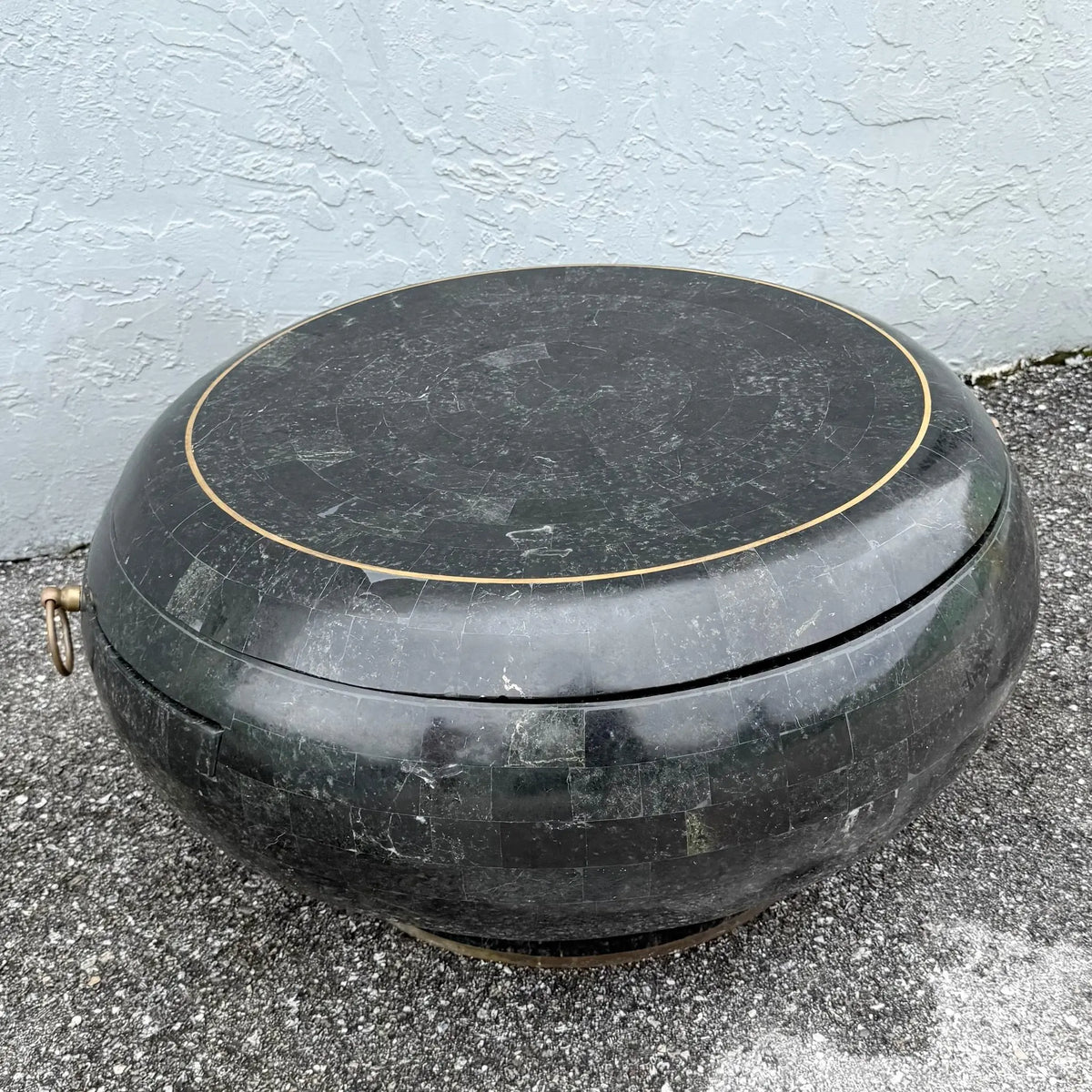 Postmodern Black Tessellated Stone Swivel Top Coffee Table With Extension and Brass Inlay Dolphin & Flamingo