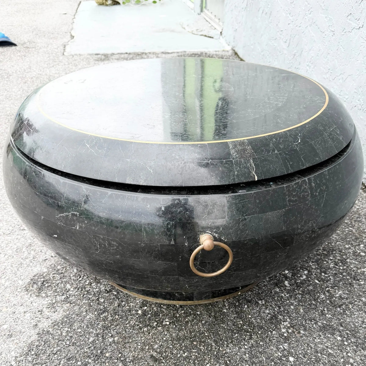 Postmodern Black Tessellated Stone Swivel Top Coffee Table With Extension and Brass Inlay Dolphin & Flamingo