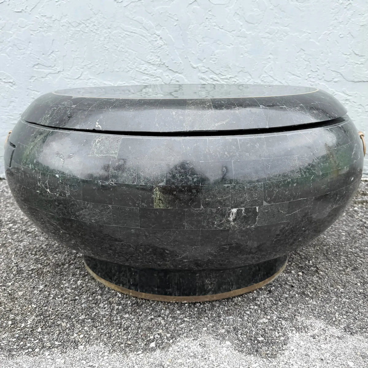 Postmodern Black Tessellated Stone Swivel Top Coffee Table With Extension and Brass Inlay Dolphin & Flamingo