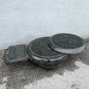 Postmodern Black Tessellated Stone Swivel Top Coffee Table With Extension and Brass Inlay Dolphin & Flamingo