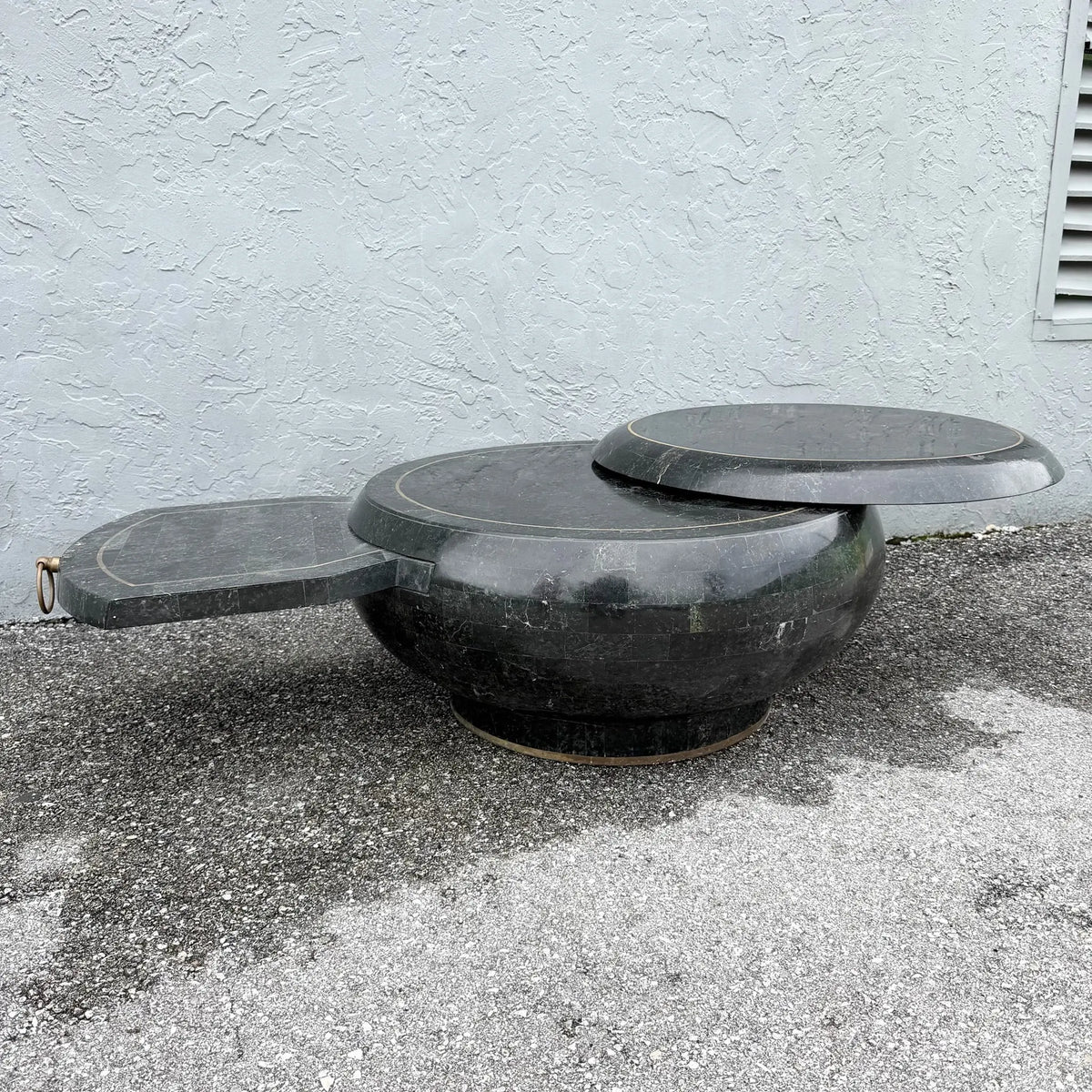 Postmodern Black Tessellated Stone Swivel Top Coffee Table With Extension and Brass Inlay Dolphin & Flamingo