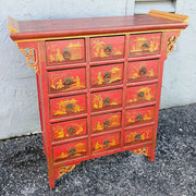 Vintage Chinese Hand Painted Red Angle Apothecary Dresser Dolphin & Flamingo