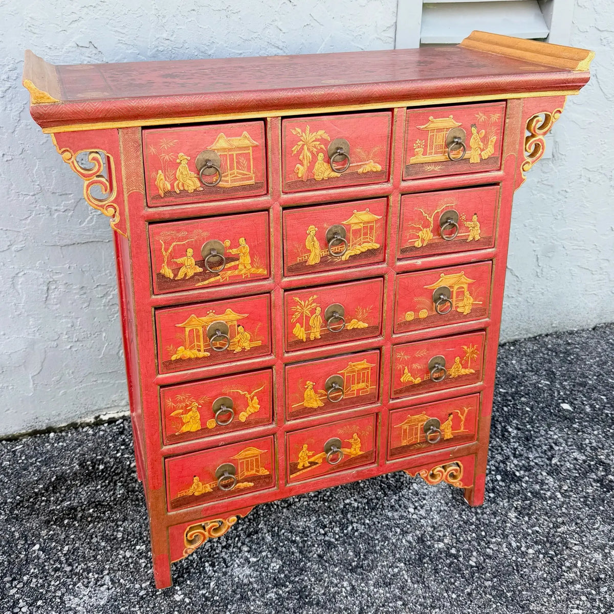 Vintage Chinese Hand Painted Red Angle Apothecary Dresser Dolphin & Flamingo