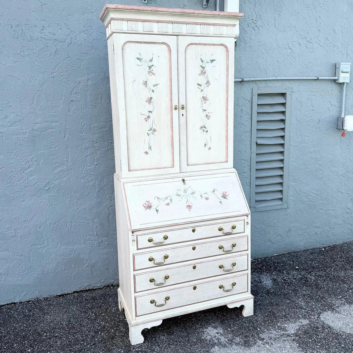 Venetian Hand-Painted Secretary Desk With a Bookcase Hutch by Jasper Cabinet Company Dolphin & Flamingo