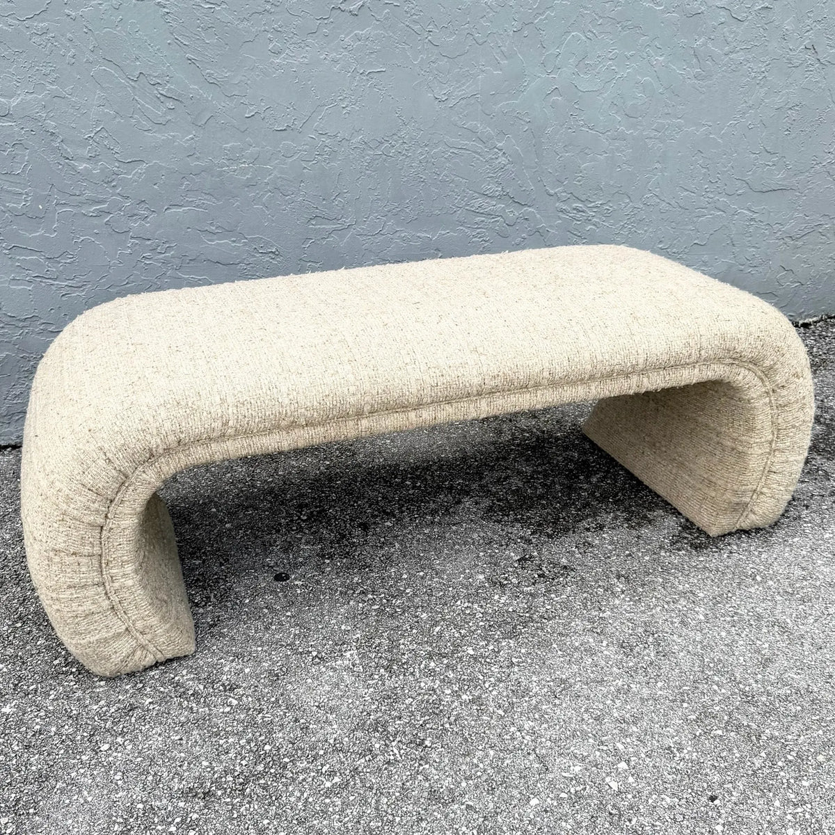 Postmodern Haitian Cotton Upholstered Flared Waterfall Bench Dolphin & Flamingo