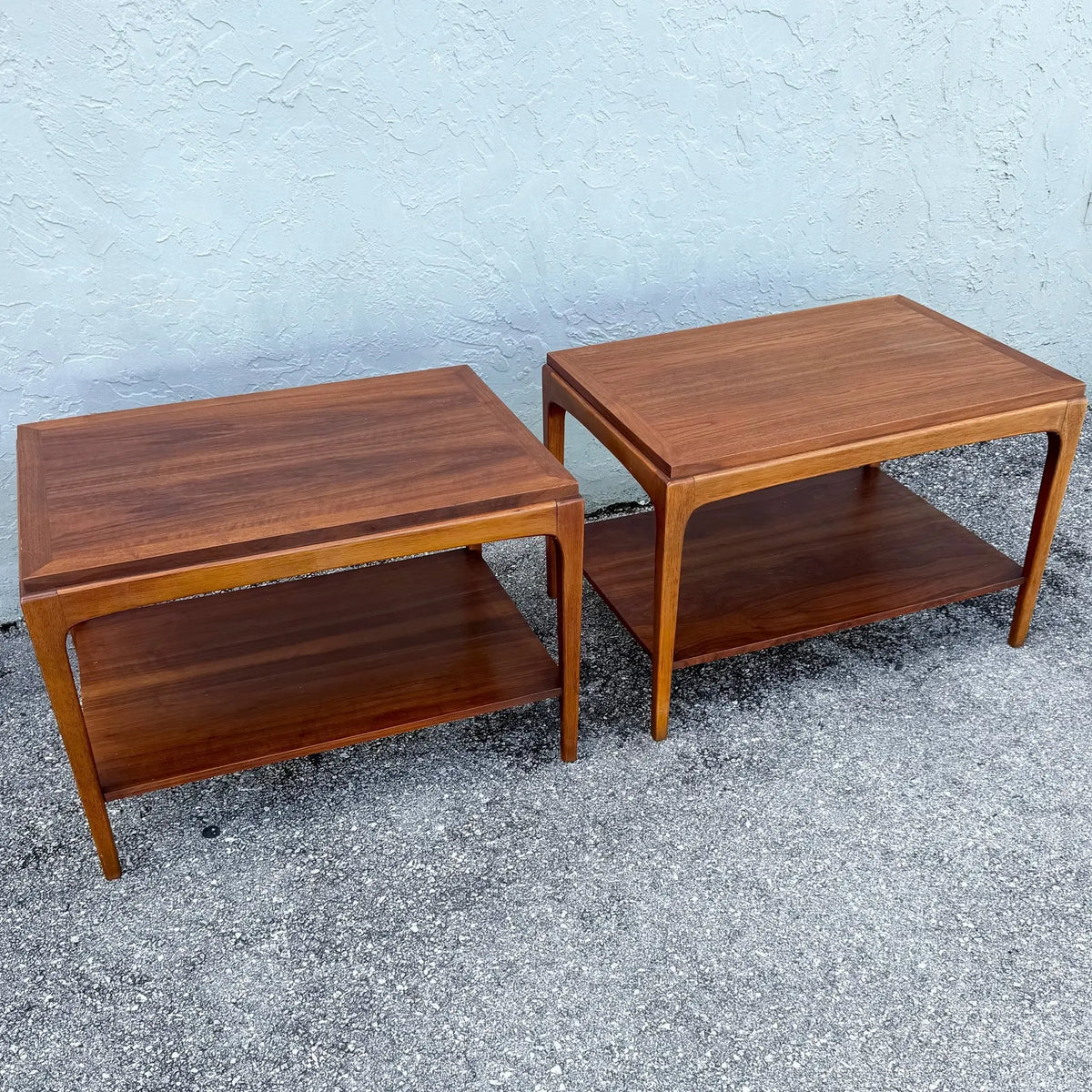 Mid Century Modern “Rhythm” Walnut Side Tables by Lane - A Pair Dolphin & Flamingo