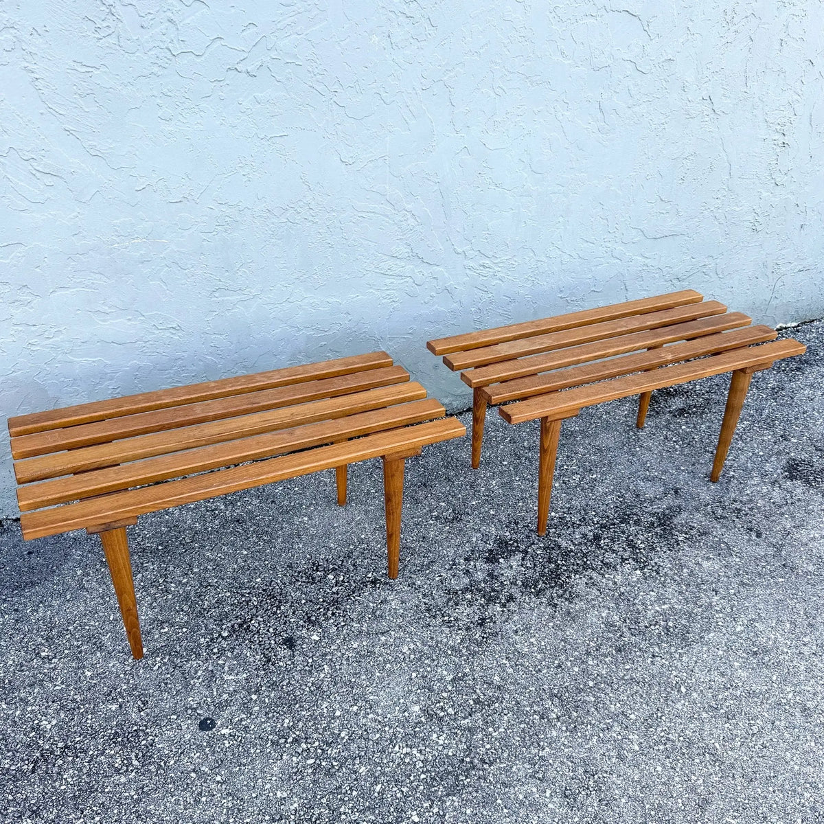 Mid Century Modern Slatted Benches/Side Tables - A Pair Dolphin & Flamingo