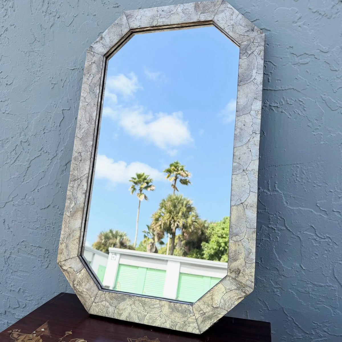 Vintage Octagonal Abalone Shell Octagonal Wall Mirror Dolphin & Flamingo