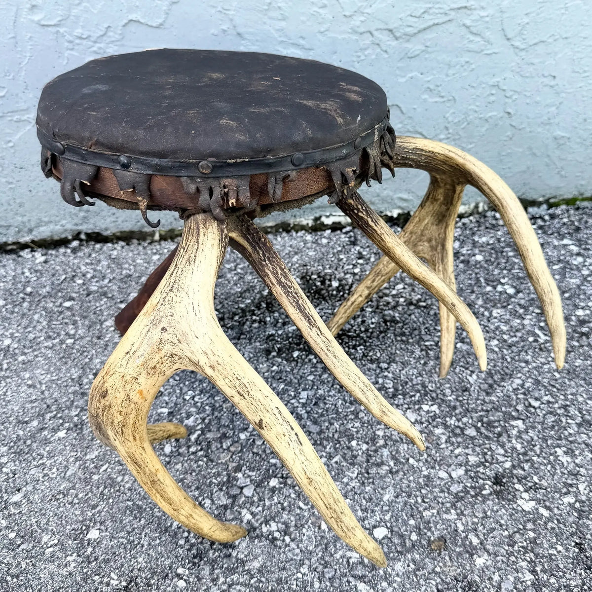 Early 20th Century American Rustic Deer Antler Footstool Dolphin & Flamingo
