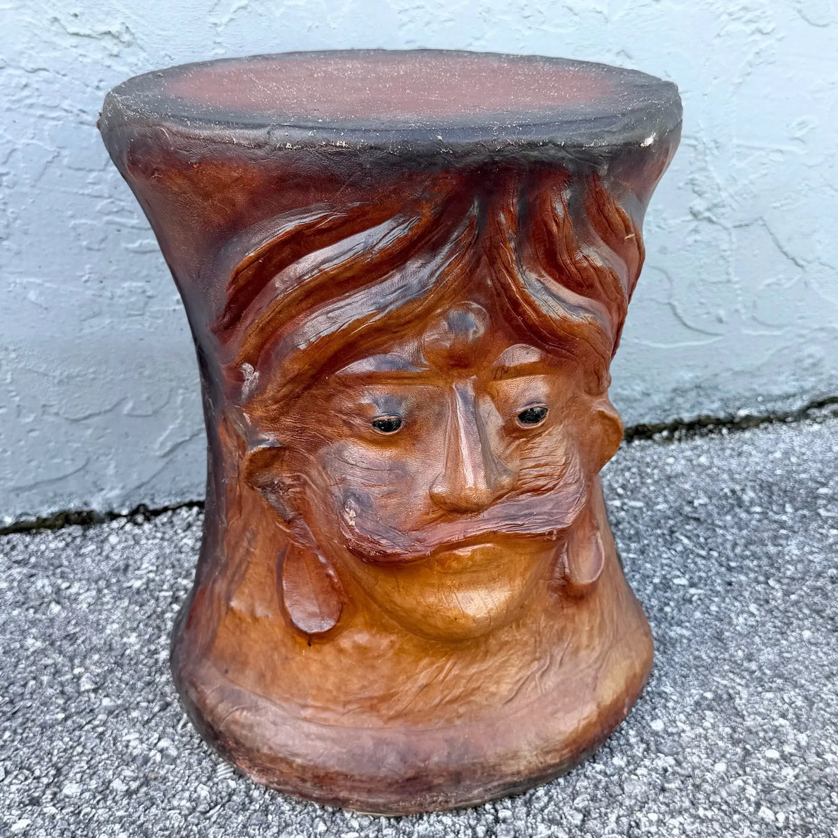 Vintage Folk Art Paper Mache Side Table/Stool With Hindu Figure Dolphin & Flamingo