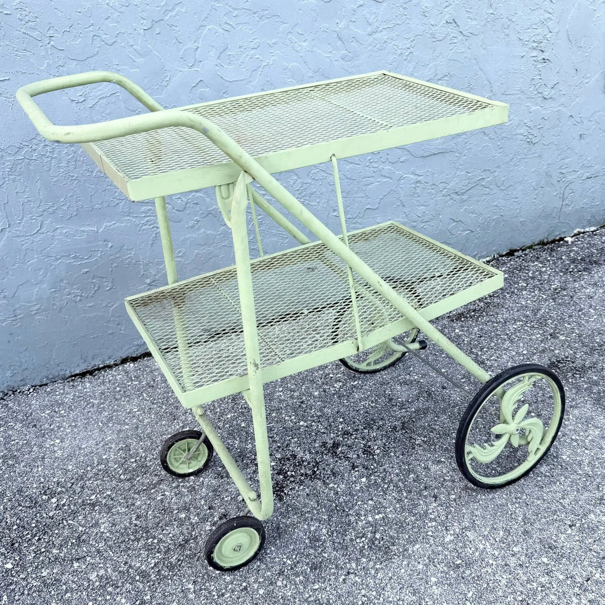 Vintage Mid Century Rolling Foldable Two Tier Bar Cart Dolphin & Flamingo