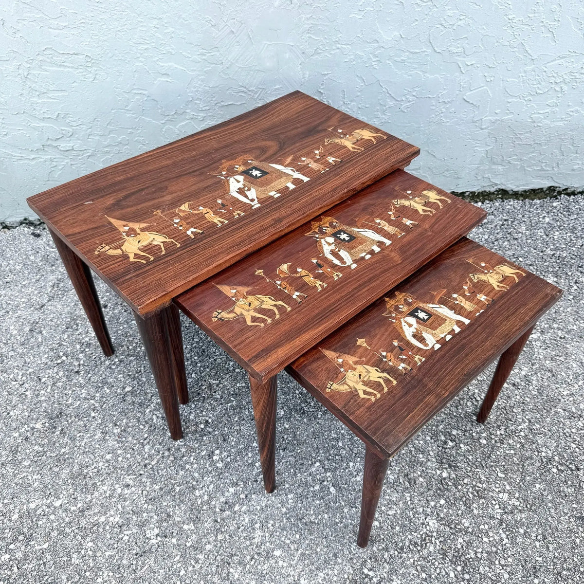 Vintage Mid Century Anglo Indian Bone and Wood Inlaid Rosewood Nesting Tables - Set of 3 Dolphin & Flamingo