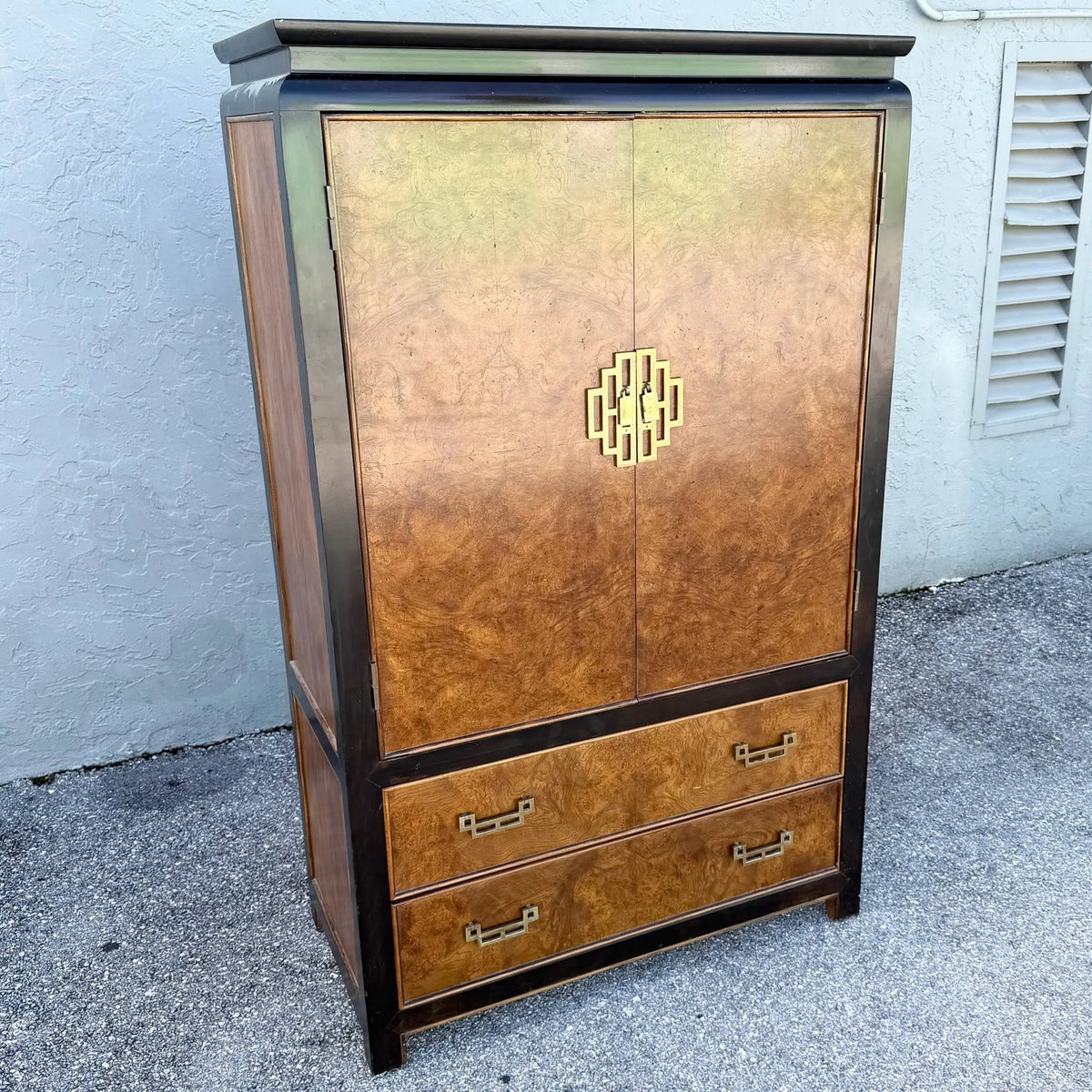 Vintage Chinoiserie Burlwood and Black Armoire With Brass Accents by Century Furniture Dolphin & Flamingo