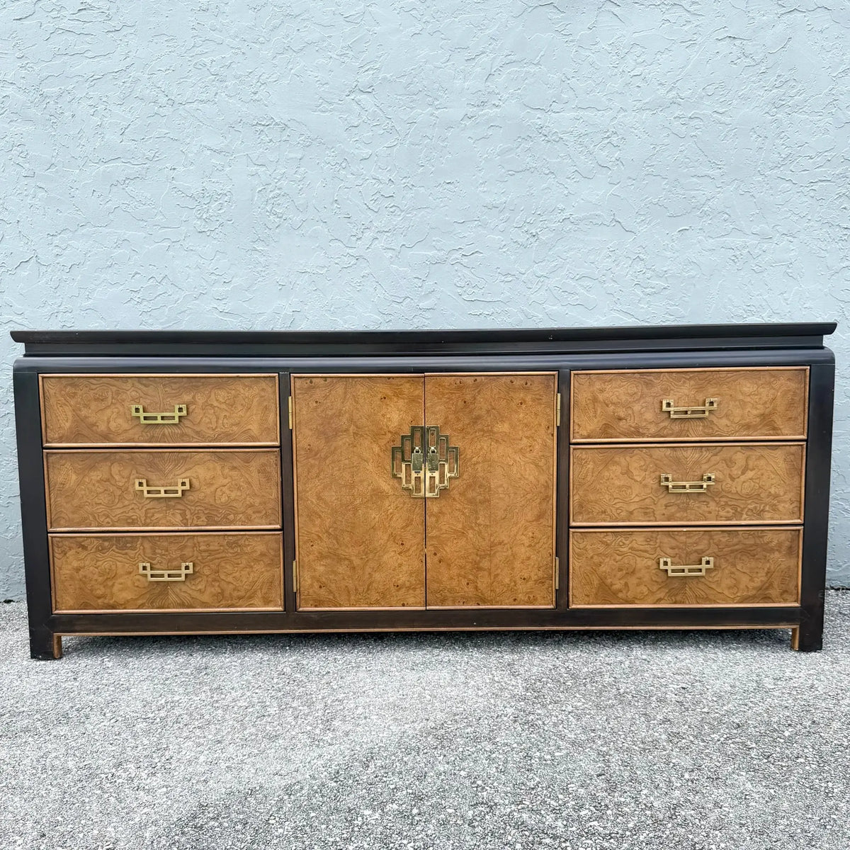 Vintage Chinoiserie Black and Burlwood Dresser by Centruy Furniture Dolphin & Flamingo
