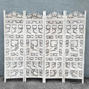Angle Indian Hand Carved White Room Divider/Screen - 4 Panels Dolphin & Flamingo