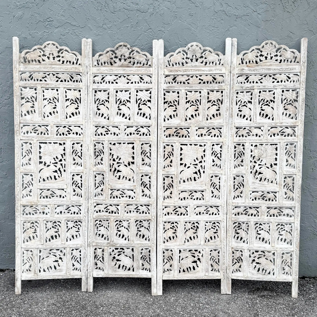 Angle Indian Hand Carved White Room Divider/Screen - 4 Panels Dolphin & Flamingo