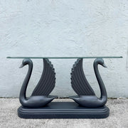Art Deco Carved and Painted Swan Glass Top Console Dolphin & Flamingo