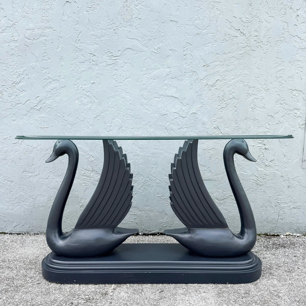 Art Deco Carved and Painted Swan Glass Top Console Dolphin & Flamingo