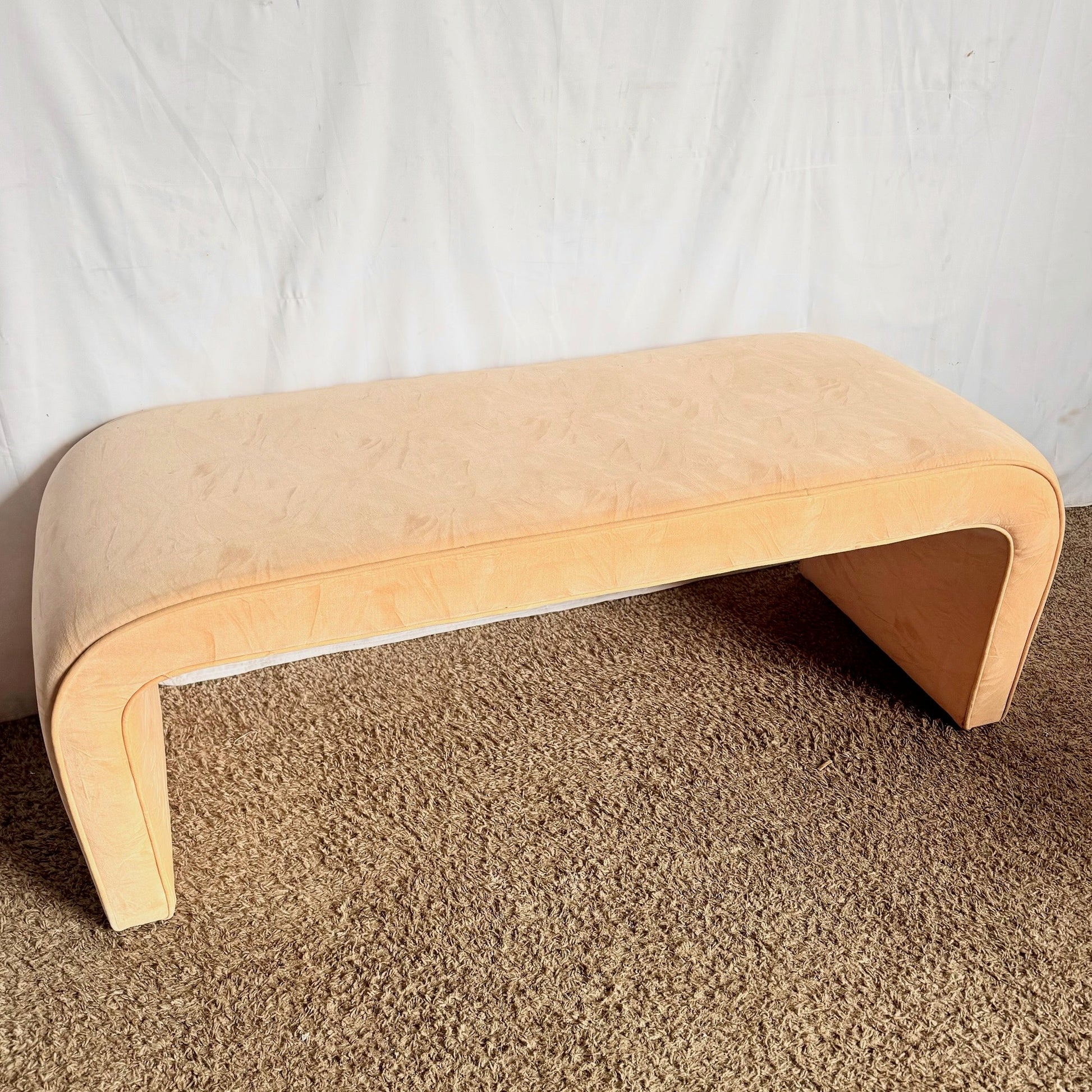 Post Modern Peach Velvet Fabric Waterfall Bench Dolphin & Flamingo