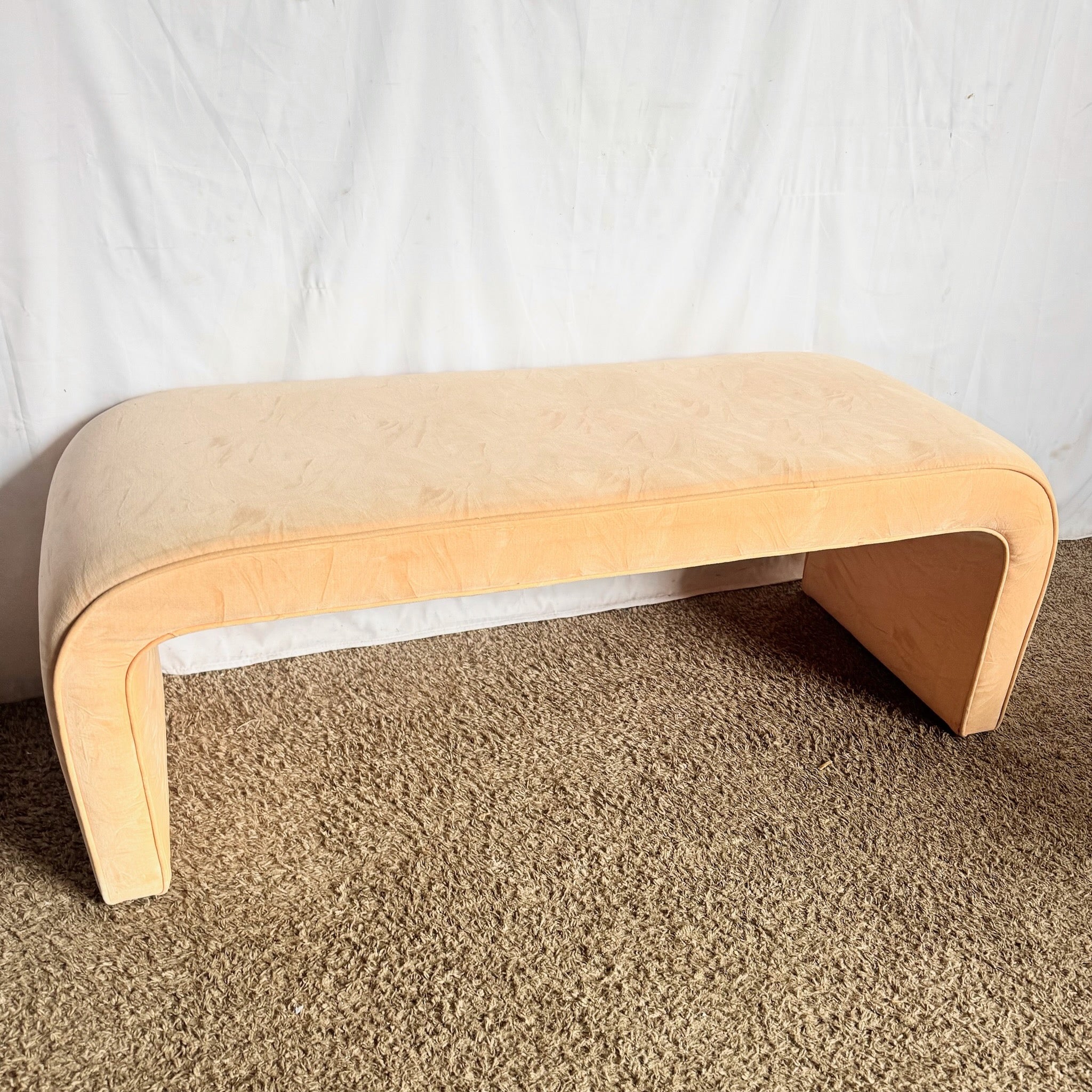 Post Modern Peach Velvet Fabric Waterfall Bench Dolphin & Flamingo