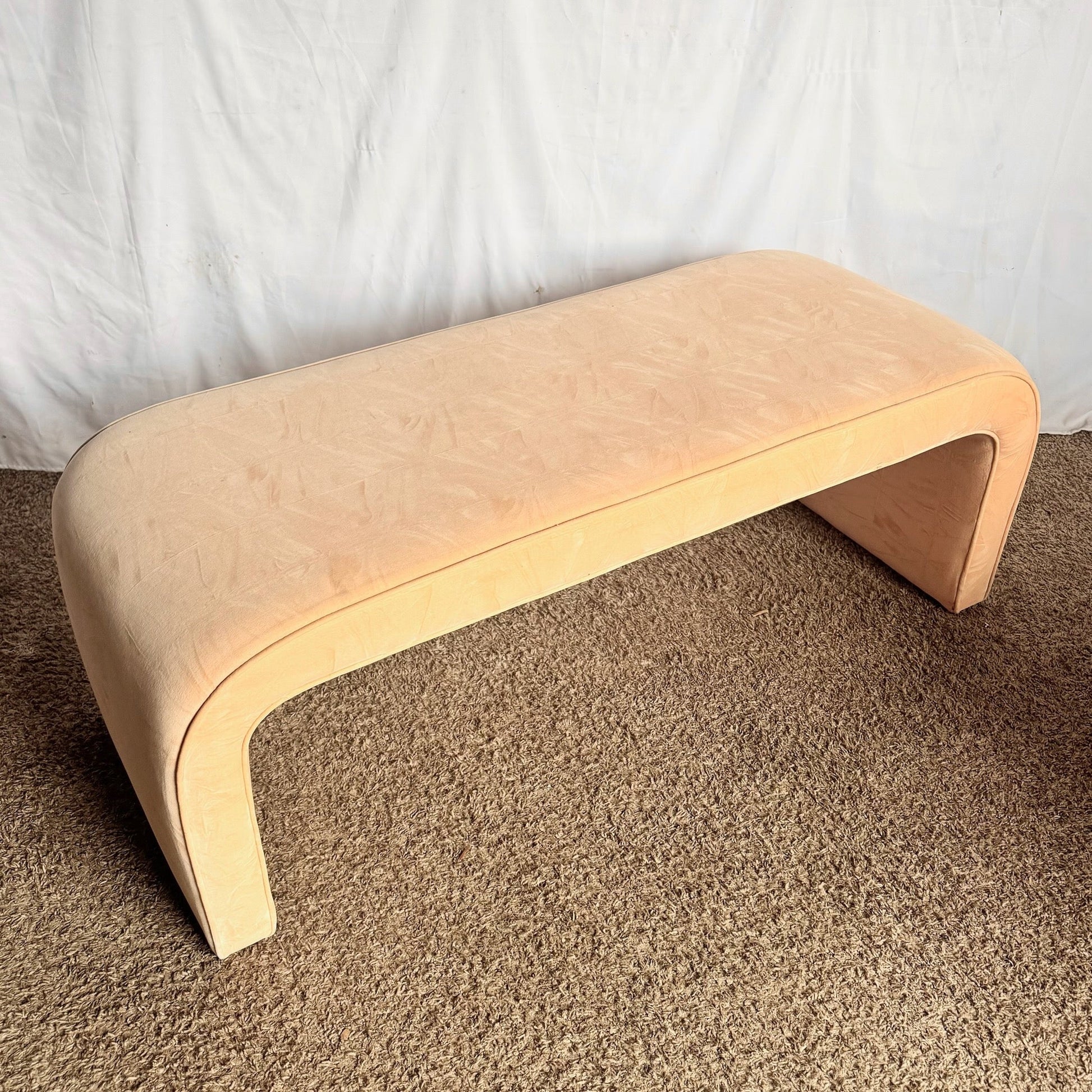 Post Modern Peach Velvet Fabric Waterfall Bench Dolphin & Flamingo