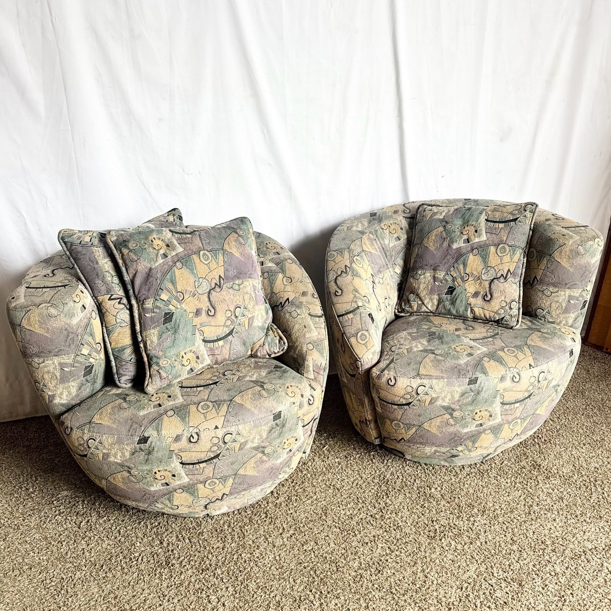Postmodern Blue Gray and Purple Nautilus Swivel Chairs - A Pair Dolphin & Flamingo