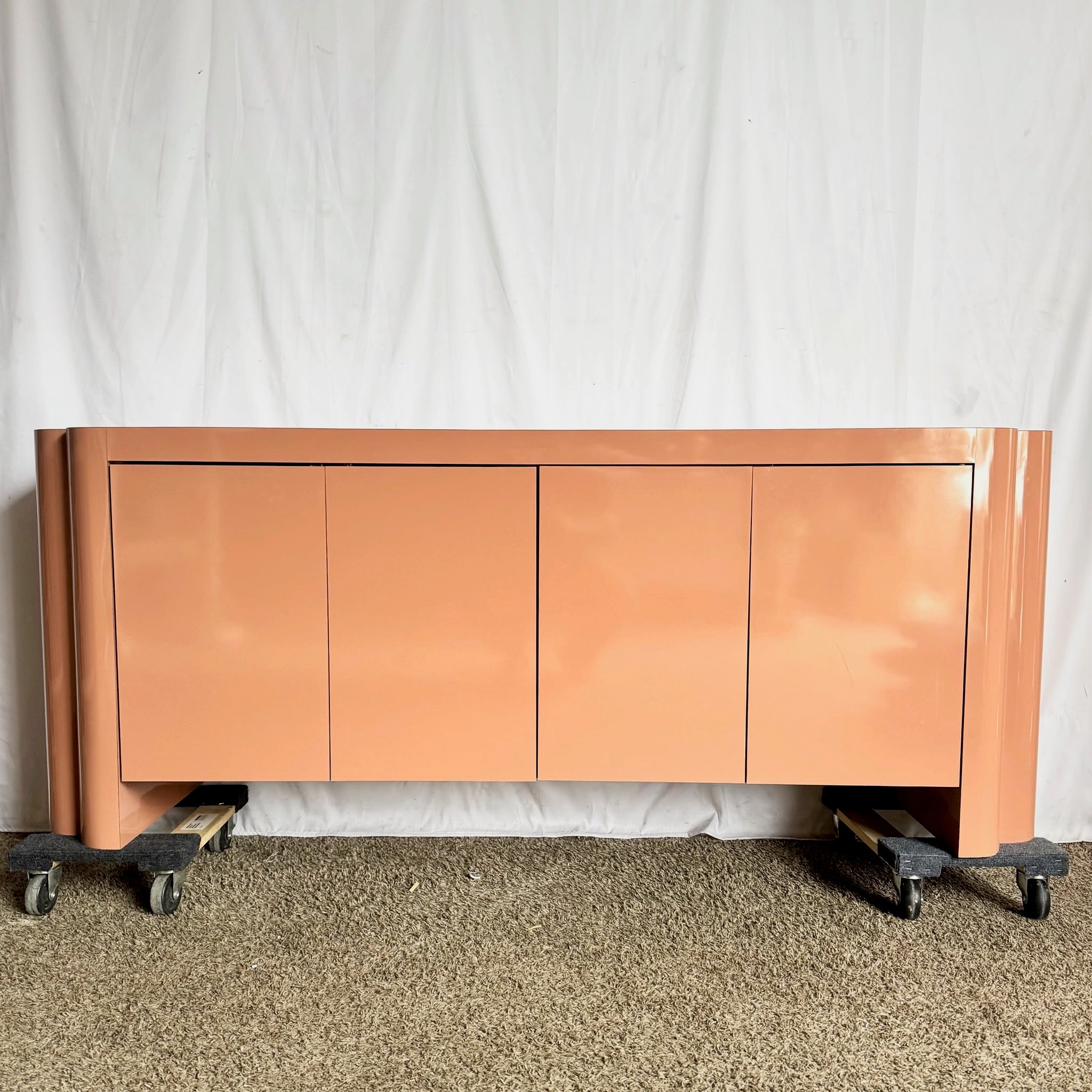 Postmodern Salmon Pink Lacquer Laminate Sculpted Credenza Dolphin & Flamingo