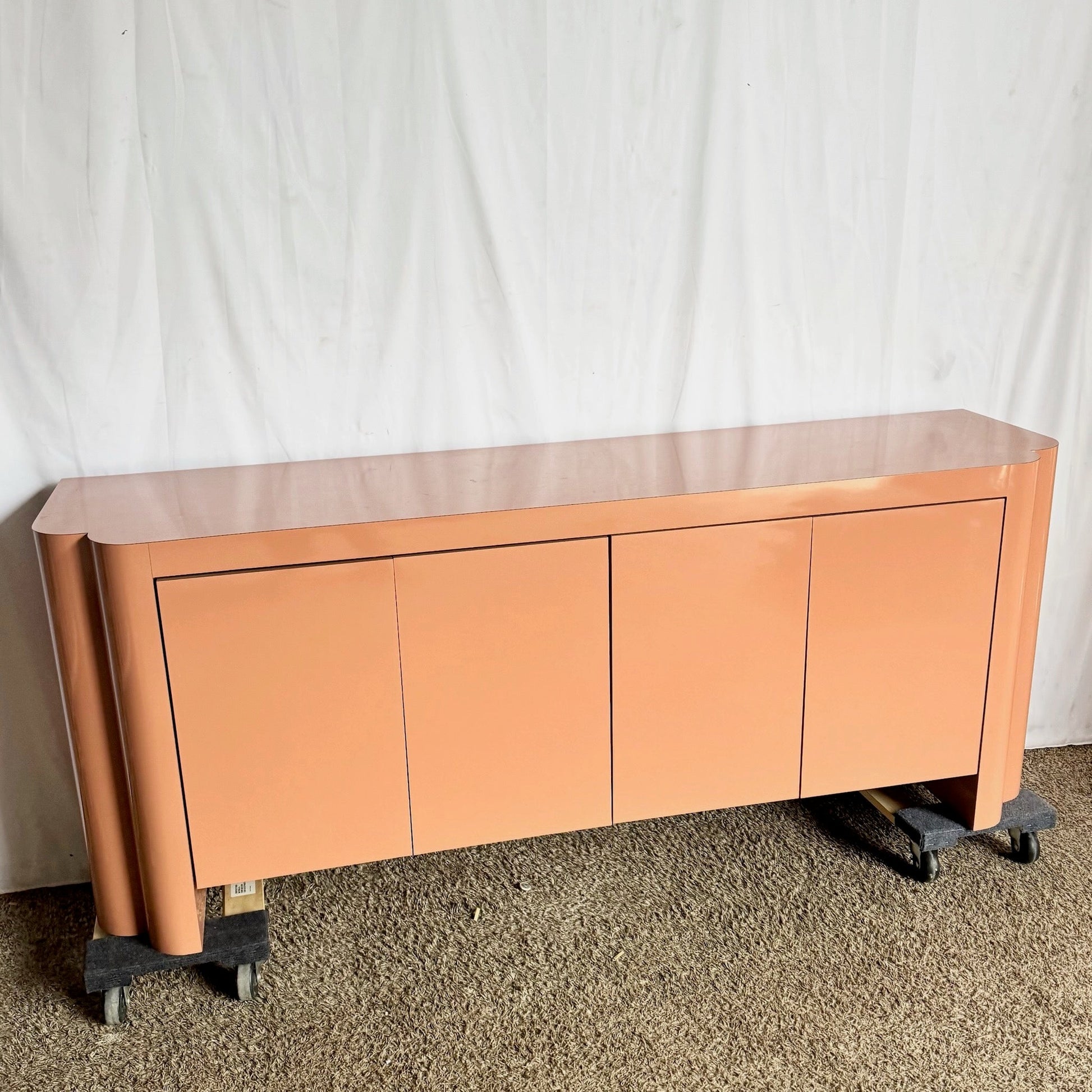 Postmodern Salmon Pink Lacquer Laminate Sculpted Credenza Dolphin & Flamingo