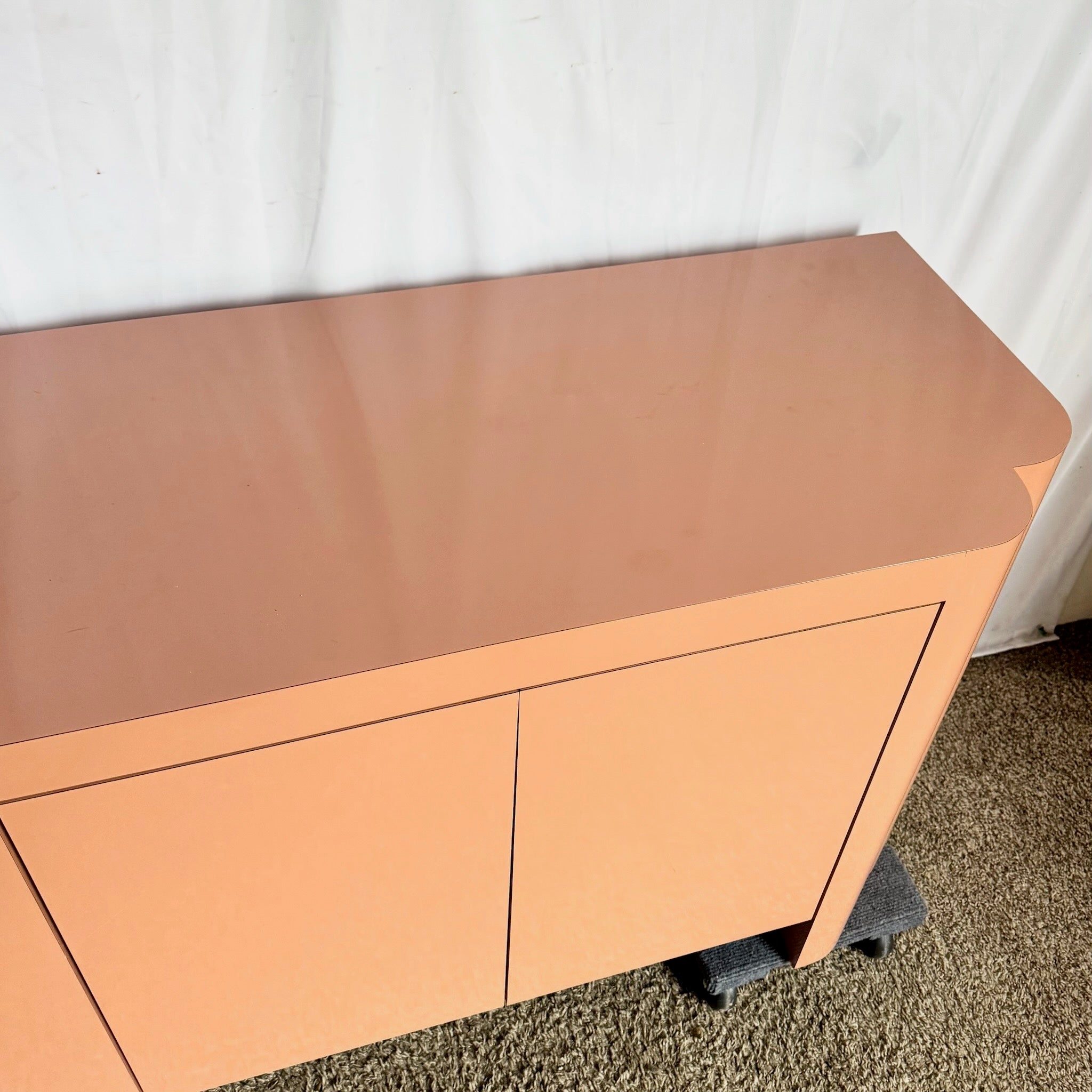 Postmodern Salmon Pink Lacquer Laminate Sculpted Credenza Dolphin & Flamingo