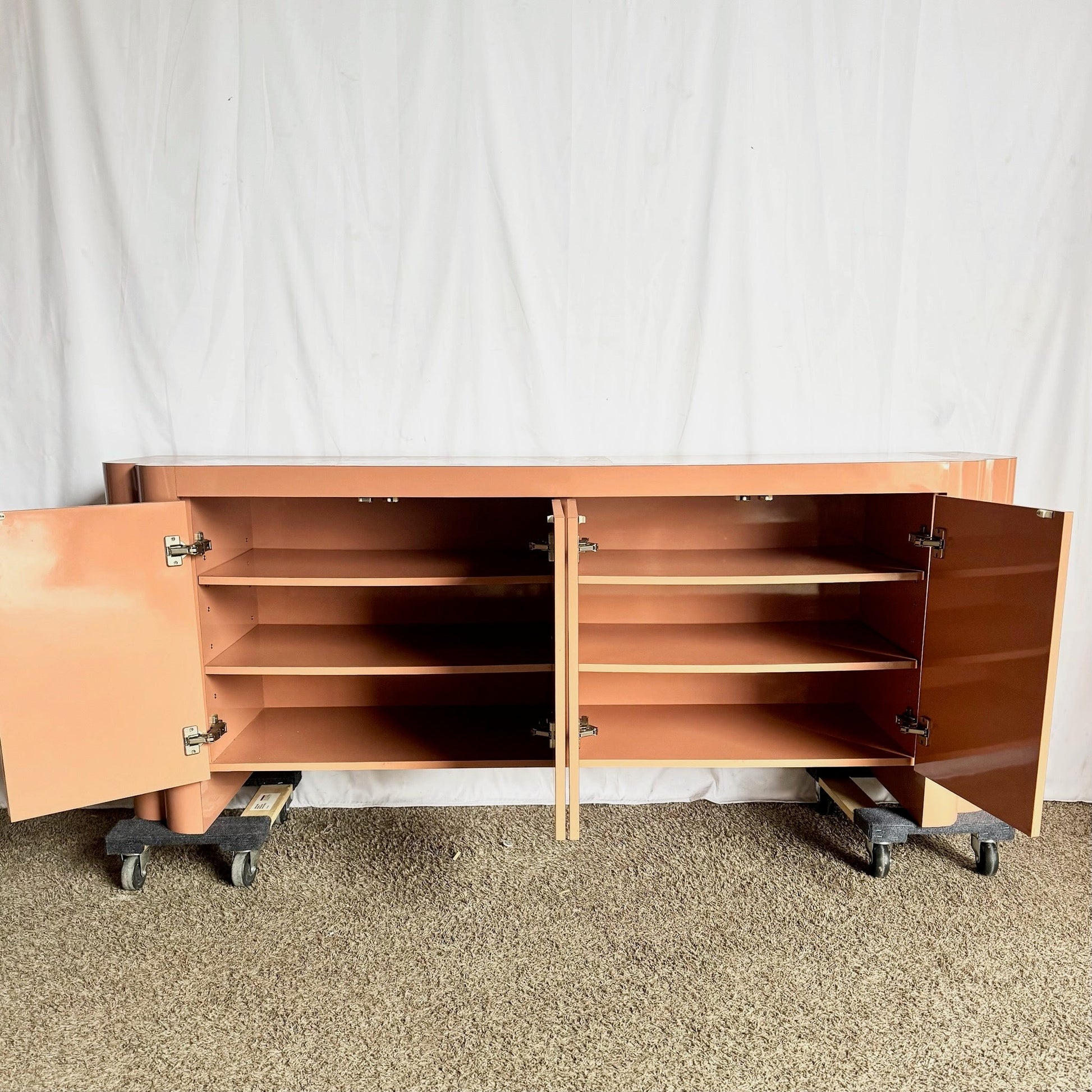 Postmodern Salmon Pink Lacquer Laminate Sculpted Credenza Dolphin & Flamingo