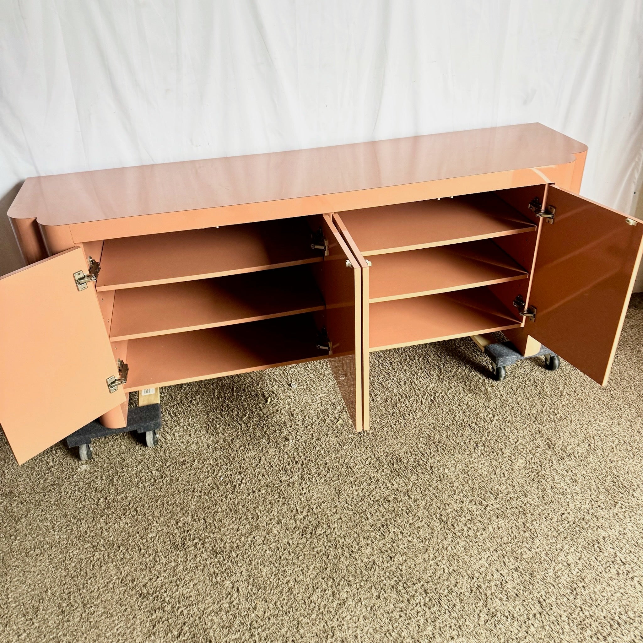 Postmodern Salmon Pink Lacquer Laminate Sculpted Credenza Dolphin & Flamingo