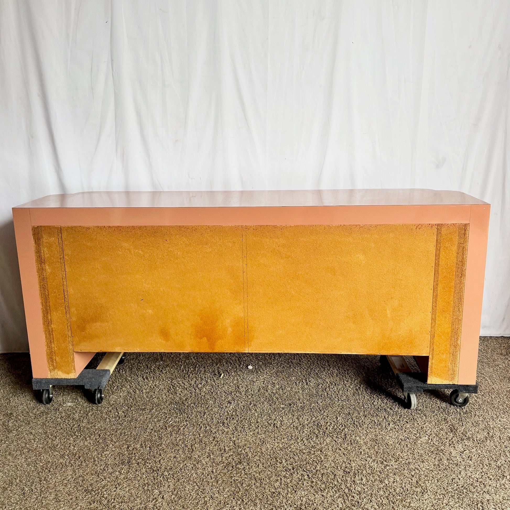 Postmodern Salmon Pink Lacquer Laminate Sculpted Credenza Dolphin & Flamingo