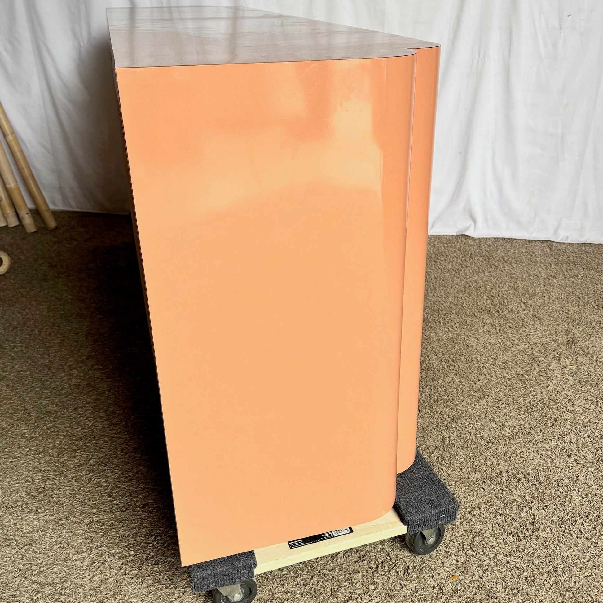 Postmodern Salmon Pink Lacquer Laminate Sculpted Credenza Dolphin & Flamingo