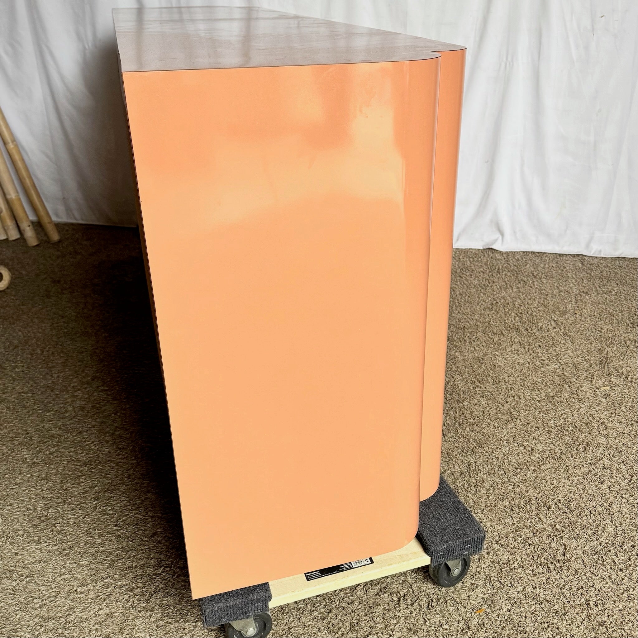 Postmodern Salmon Pink Lacquer Laminate Sculpted Credenza Dolphin & Flamingo