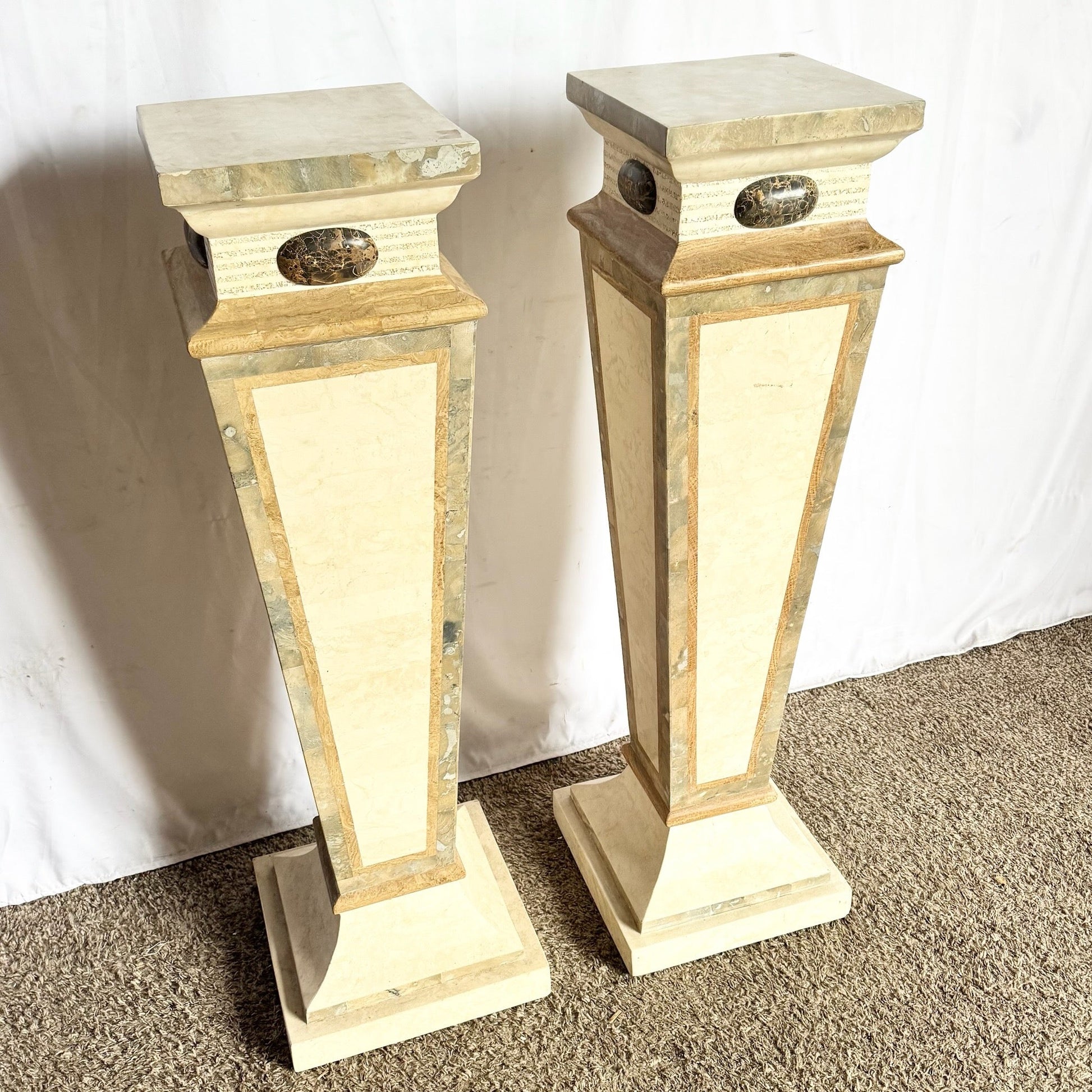 Postmodern Sculpted Tessellated Stone Pedestals - A Pair Dolphin & Flamingo