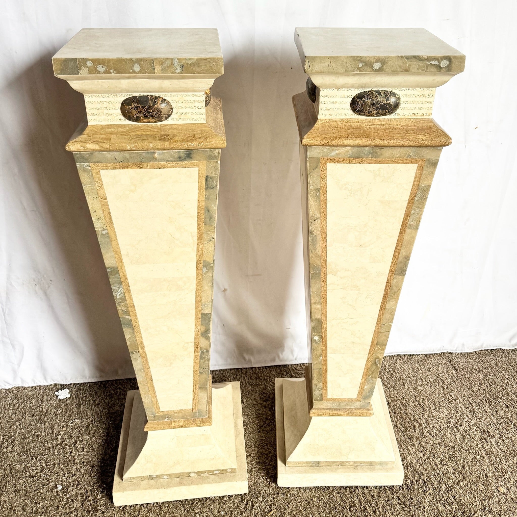 Postmodern Sculpted Tessellated Stone Pedestals - A Pair Dolphin & Flamingo