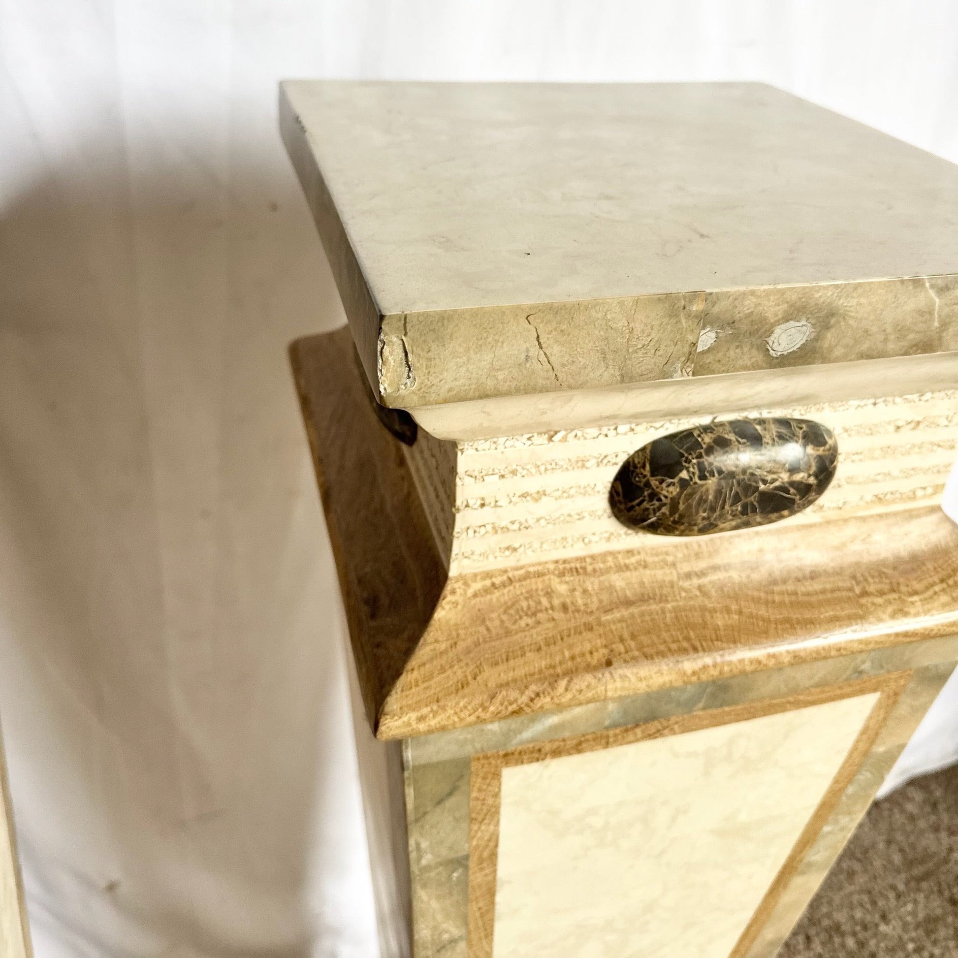 Postmodern Sculpted Tessellated Stone Pedestals - A Pair Dolphin & Flamingo