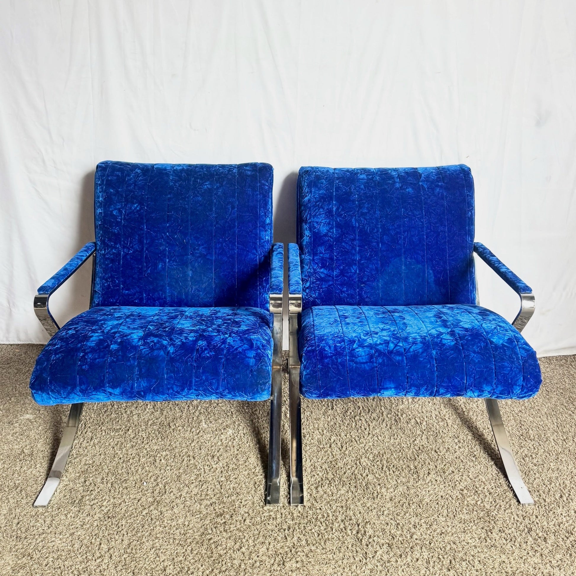 Mid Century Modern Chrome Scissor X Lounge Chairs With Blue Fabric - A Pair Dolphin & Flamingo