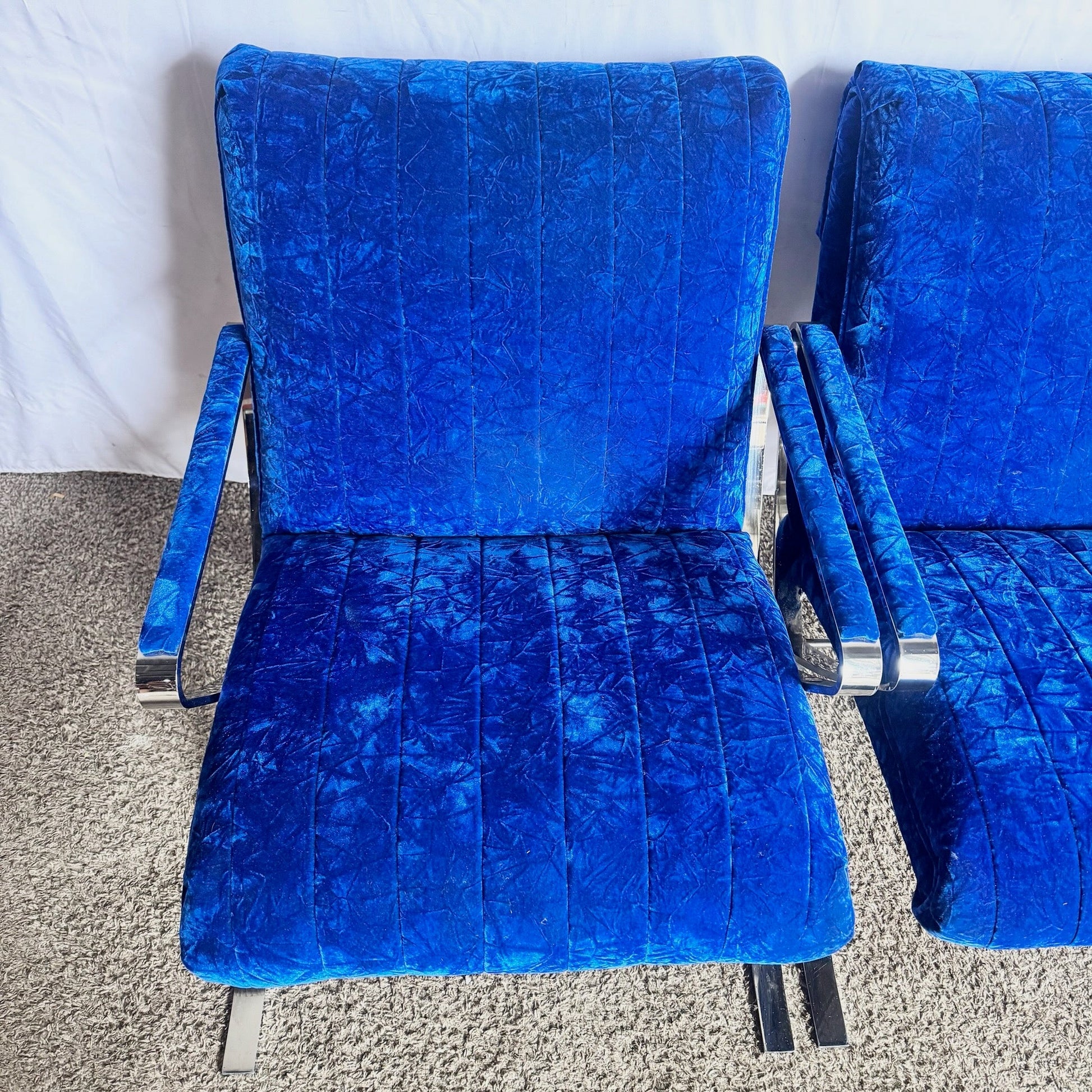 Mid Century Modern Chrome Scissor X Lounge Chairs With Blue Fabric - A Pair Dolphin & Flamingo