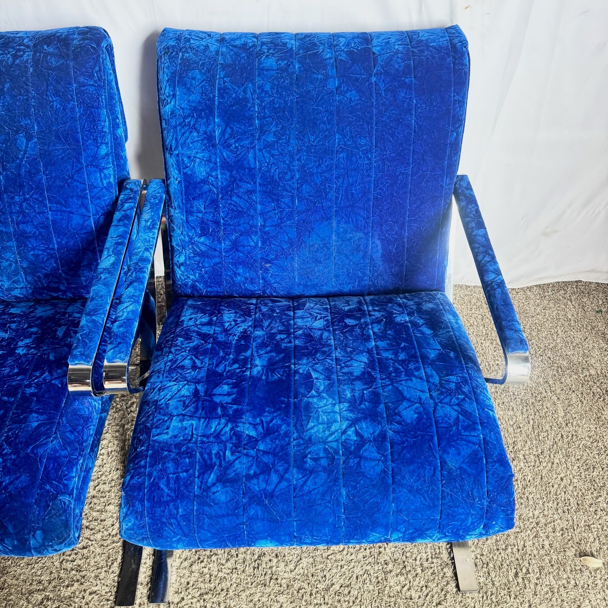 Mid Century Modern Chrome Scissor X Lounge Chairs With Blue Fabric - A Pair Dolphin & Flamingo