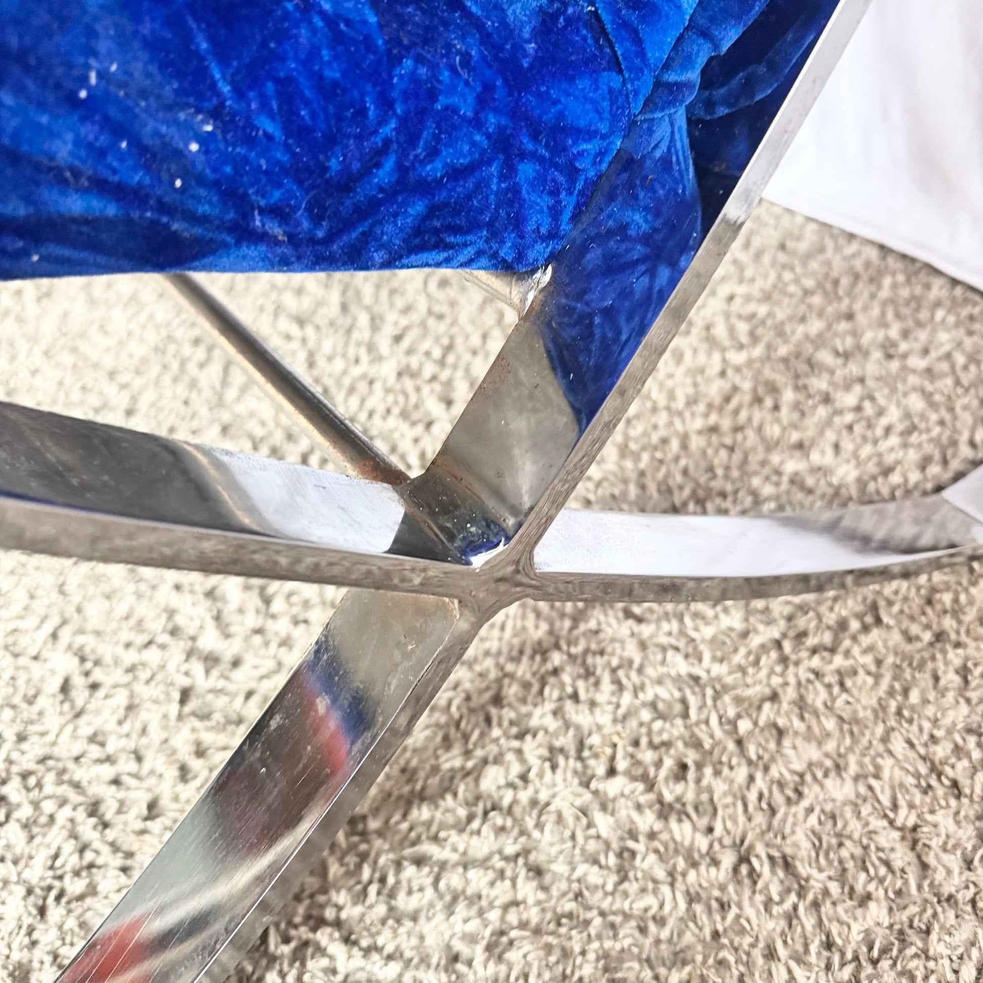 Mid Century Modern Chrome Scissor X Lounge Chairs With Blue Fabric - A Pair Dolphin & Flamingo