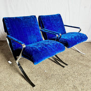 Mid Century Modern Chrome Scissor X Lounge Chairs With Blue Fabric - A Pair Dolphin & Flamingo