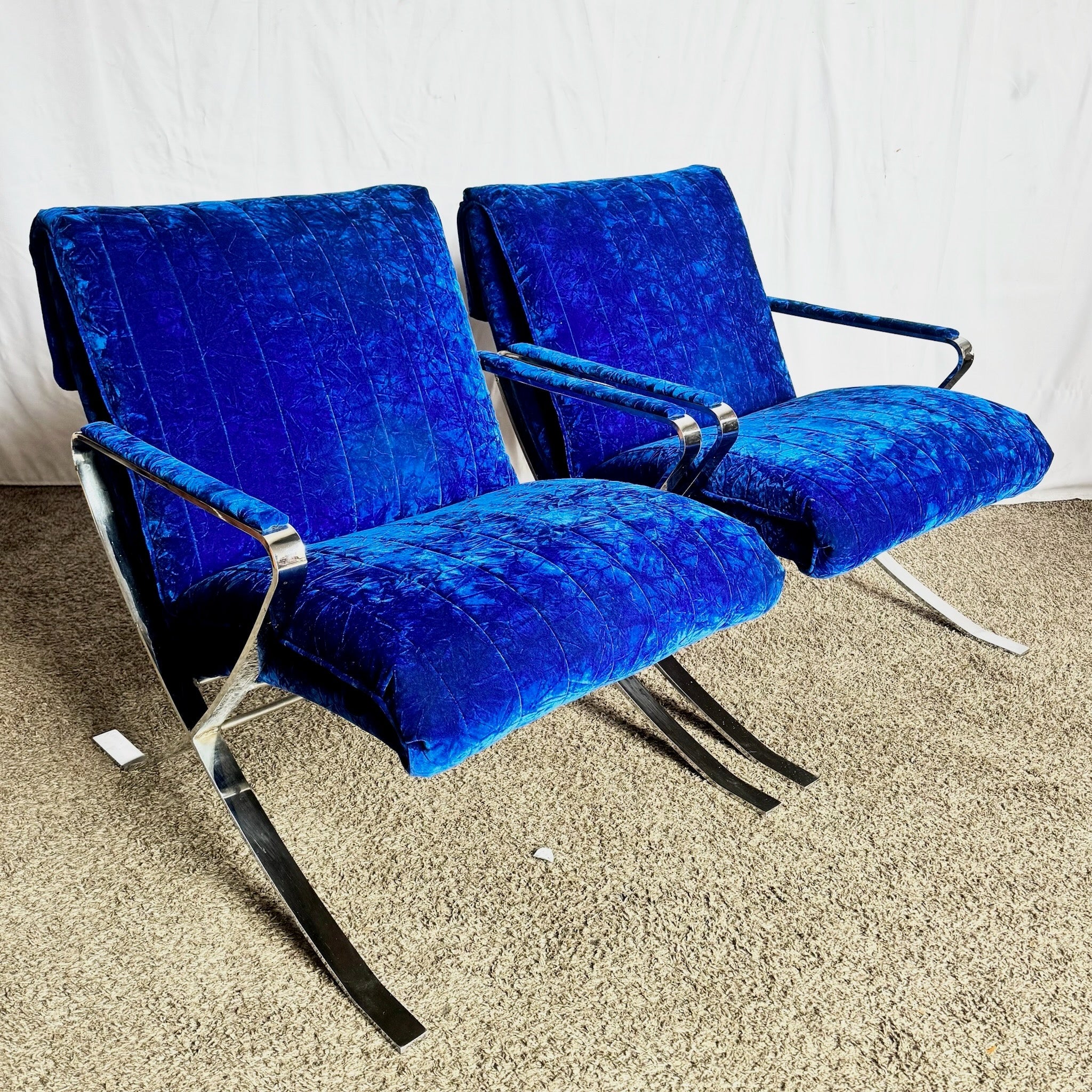 Mid Century Modern Chrome Scissor X Lounge Chairs With Blue Fabric - A Pair Dolphin & Flamingo
