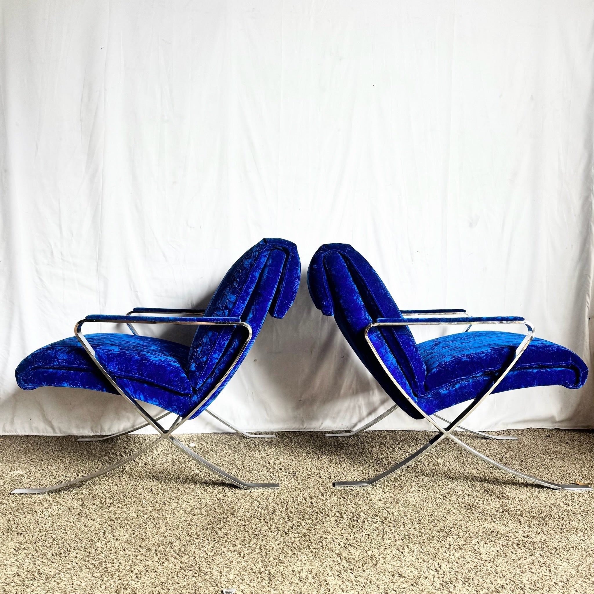 Mid Century Modern Chrome Scissor X Lounge Chairs With Blue Fabric - A Pair Dolphin & Flamingo